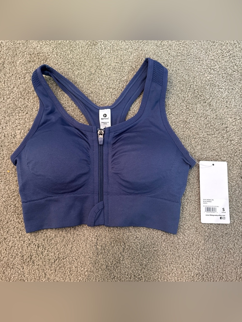 90 Degree High Performance Seamless Blue Indigo Katie Zip Sport Bra Sz Small NWT